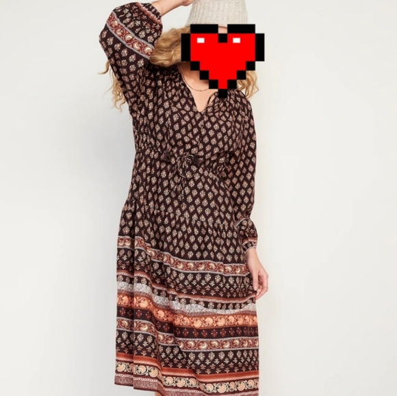New Old Navy Dress Boho Poet Maxi Midi Flare Brown Vneck Tassels Tiered Swing - Picture 2 of 14